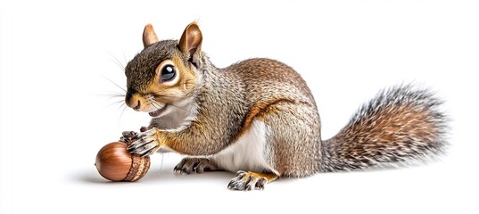  A curious squirrel holding an acorn, sitting on a white background. 
