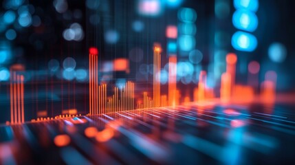 Colorful data visualization showing fluctuating metrics and trends in a digital environment during the night