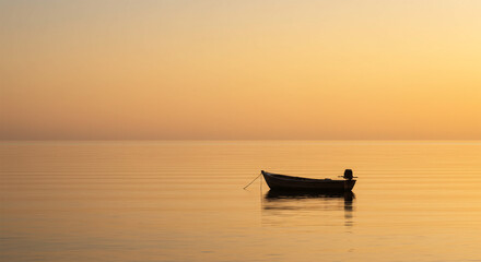 Obraz premium A solitary boat anchored out to another in the middle of a calm ocean at dawn