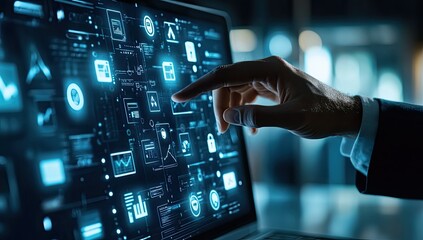 Businessperson interacts with a glowing, interactive dashboard.  Detailed graphical interface displays multiple data points