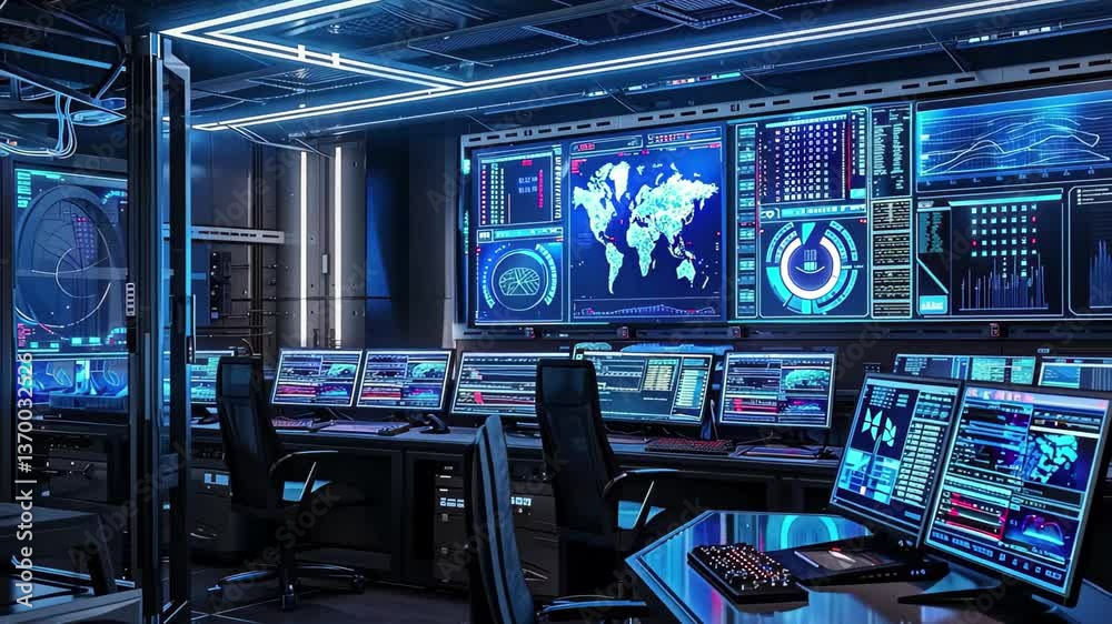 Poster inside a modern control room, multiple high-resolution screens display maps and data analytics