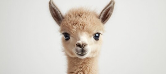  A cute baby llama peeking out playfully from behind an imaginary object on a white backdrop. 