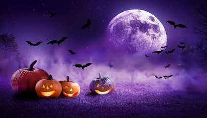 Fototapeta premium A spooky halloween theme background with pumpkins, bats, fog and a big fullmoon shining bright