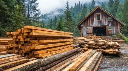 A picturesque scene showing coniferous wood planks stacked outside a cabin, with the forest in the background.