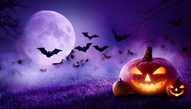 A spooky halloween theme background with pumpkins, bats, fog and a big fullmoon shining bright