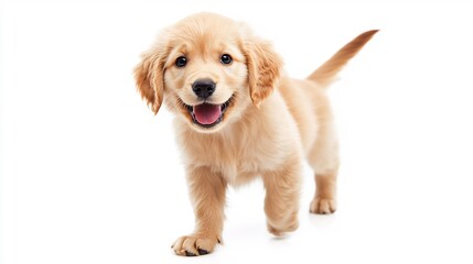  A fluffy golden retriever puppy wagging its tail joyfully on a white background. 