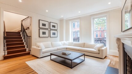 Fototapeta premium Modern Living Room Interior with Bright Natural Light and Cozy Design
