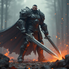 Naklejka premium A formidable warrior clad in dark armor stands amidst flames in a misty forest