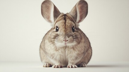  A fluffy chinchilla with large ears, sitting comfortably on a white surface. 