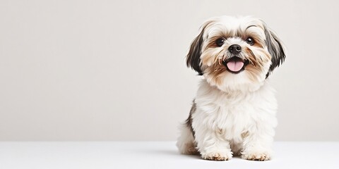  A fluffy, happy Shih Tzu dog sitting playfully on a pure white surface. 
