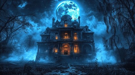 Obraz premium Mysterious Haunted House Under Full Moon with Eerie Atmosphere