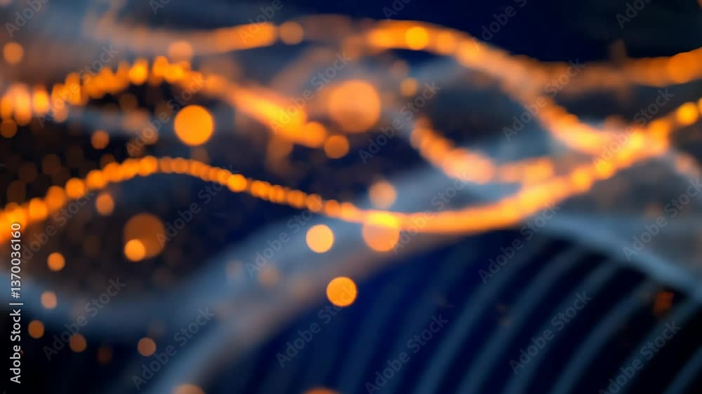 Poster glowing particles form dynamic waves, creating an abstract representation of data flow in a virtual 