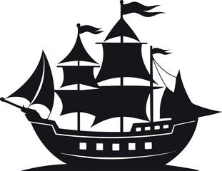 Ship silhouette vector illustration with sailboat on ocean waves 
