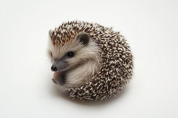  A fluffy hedgehog curled up in a ball on a white background. 
