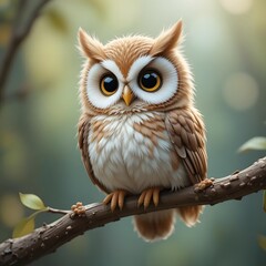 Naklejka premium Owl Perching on Branch Looking at Camera in Dreamy Forest