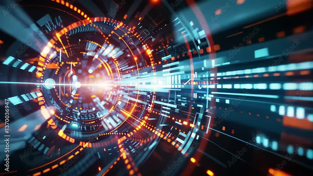 Poster a dynamic tunnel of lights and data streams showcases bright blue and orange patterns, creating a ca