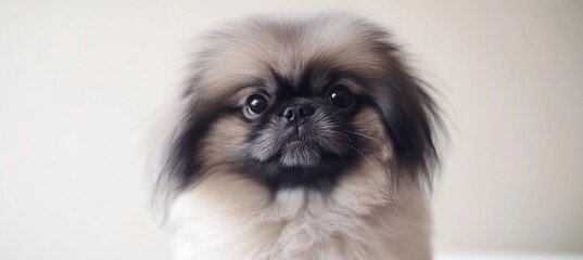  A fluffy Pekingese dog with a playful demeanor, sitting cutely on a white surface. 