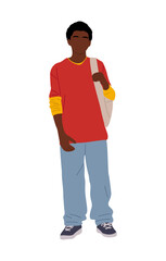 Black School boy standing, holding books. African american kid wearing backpack and colorful casual clothes. Back to school concept. Vector illustration isolated