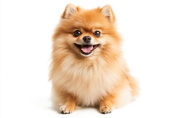  A fluffy Pomeranian dog with a big smile, sitting playfully on a white surface. 