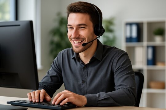 Smiling Support: A cheerful male customer service representative, exuding professionalism and approachability, offers assistance with a headset.
