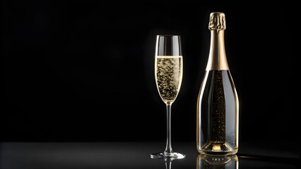 A celebratory champagne flute filled to the brim next to a gleaming bottle, ready for a toast against a stark black background.