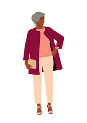 Stylish senior business woman standing, wearing smart casual autumn office outfit. Aged pretty woman cartoon character vector realistic illustration isolated