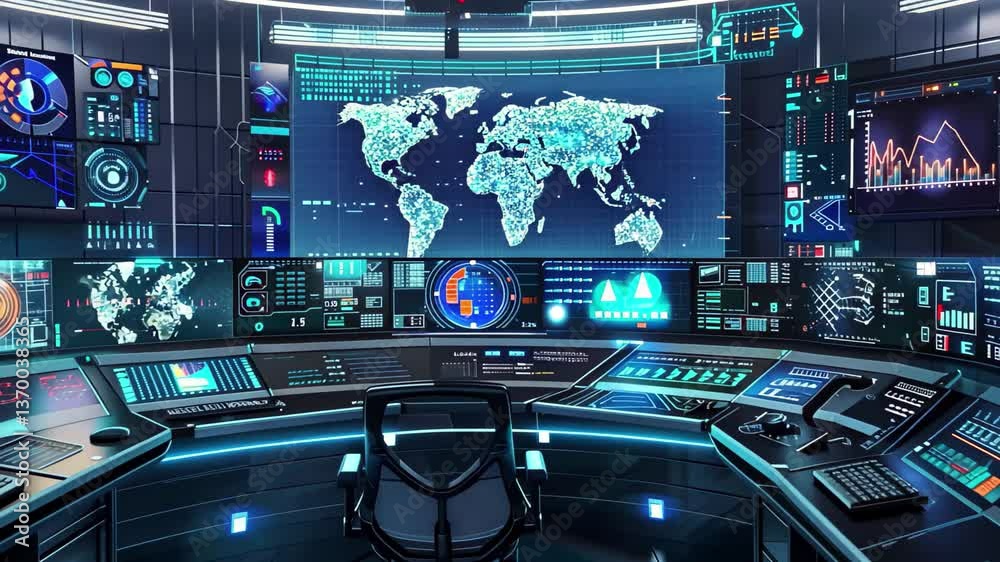 Poster the advanced control room is illuminated by blue lights, showcasing large screens with global maps a