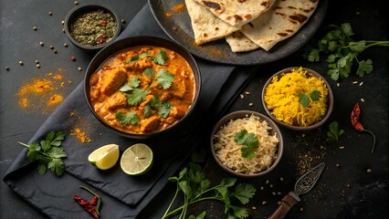 Traditional Indian Cuisine with Assorted Dishes and Spices on Dark Rustic Background