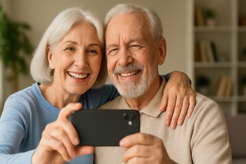 Cherished Moment: A smiling senior couple captures a selfie, their faces radiating joy and contentment in a tender display of love and connection.