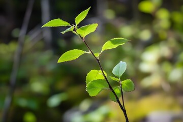 Obraz premium Sunlight shines through small, vibrant leaves on thin, dark stems