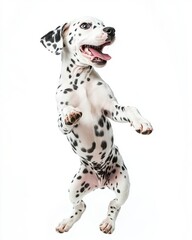 Dalmatian Puppy Standing on Hind Legs on White Background