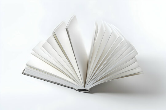 Open book with blank pages fluttering in a gentle breeze on white background