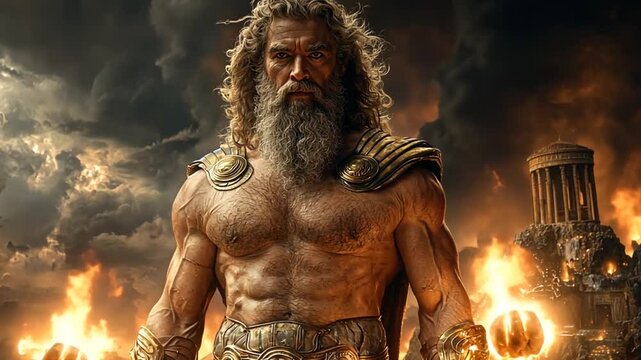 Powerful god holding fire, ancient city background. Possible stock photo use