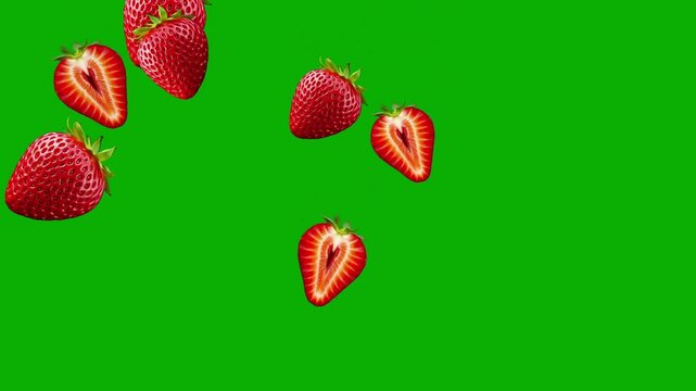 Falling strawberries motion graphics with green screen background