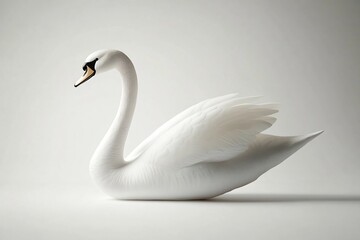  A graceful white swan gliding across an imaginary surface, set against a white background. 