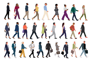 Bundle of Various business people walking side view. Modern men and women different ethnicities, ages, body types in smart casual and formal office outfits with phone, briefcase, bags. Vector isolated