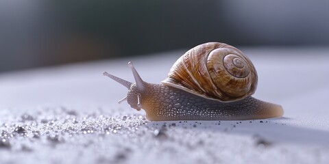  A happy little snail slowly moving along a white surface, leaving a trail behind. 