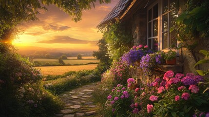 A quiet countryside cottage surrounded by overflowing window boxes of pink and purple flowers