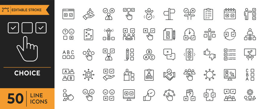 Choice icon set. Containing decision, option, selection, dilemma, select, preference, quiz, and more. Vector illustration