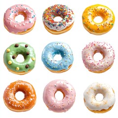 Colorful donuts display bakery setting food photography bright environment close-up view sweet treats delight