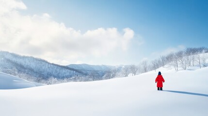 Individual in Red Coat Stands Alone in Expansive Winter Landscape