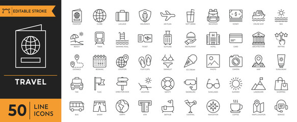 Travel icon set. Travel and vacation icon. Contains Vacation, Tourist, Transport, Camping, Flight, Hiking, Hotel, Map, Dining, Outdoors, and more. editable stroke. Vector illustration