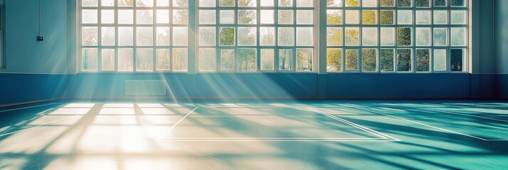 Sunlit empty gymnasium with large windows and painted blue walls
