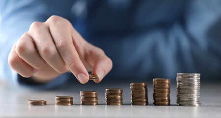 Man putting coins onto stacks of ones at light grey table, closeup