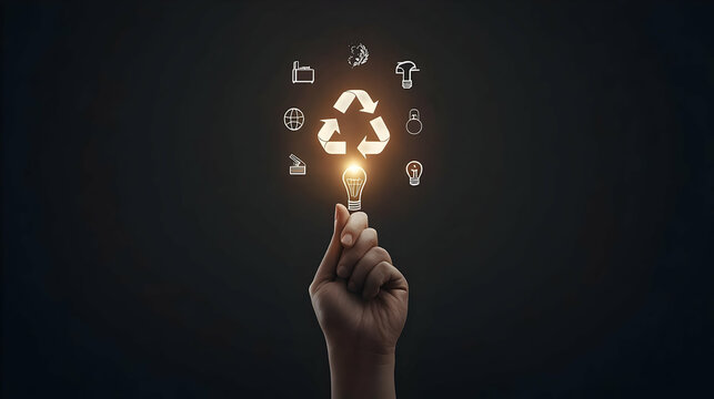 Hand Holding Light Bulb with Eco Symbols on Dark Background