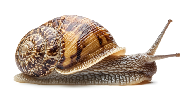 A small, brown and white snail is laying 