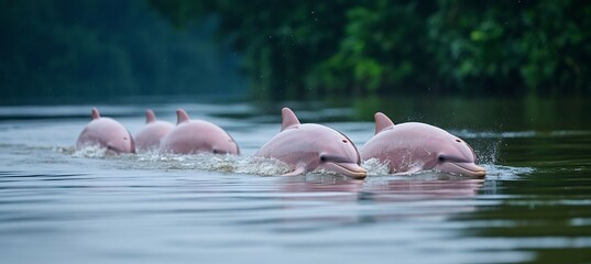 A line of pink river dolphins swimming gracefully along the Amazon river, their smooth backs breaking the surface in perfect unison as they move through the water. 