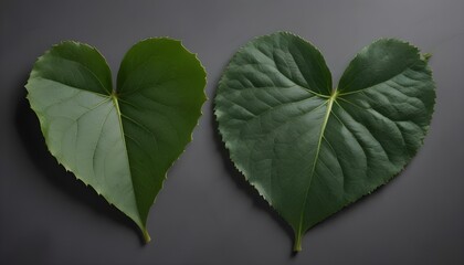Obraz premium Two leaves, one green and one dark green, are arranged to form a heart shape on a gray background. The green leaf is on the left and the dark green leaf is on the right