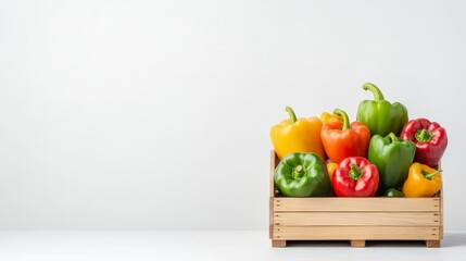 Fresh Colorful Bell Peppers Displayed in Wooden Crate on White Surface