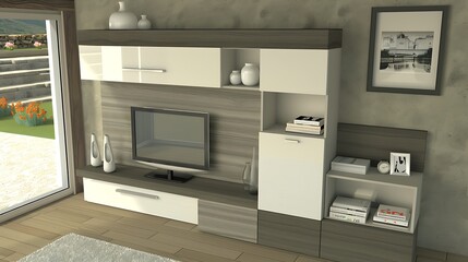 Modern living room with built in entertainment center and decor